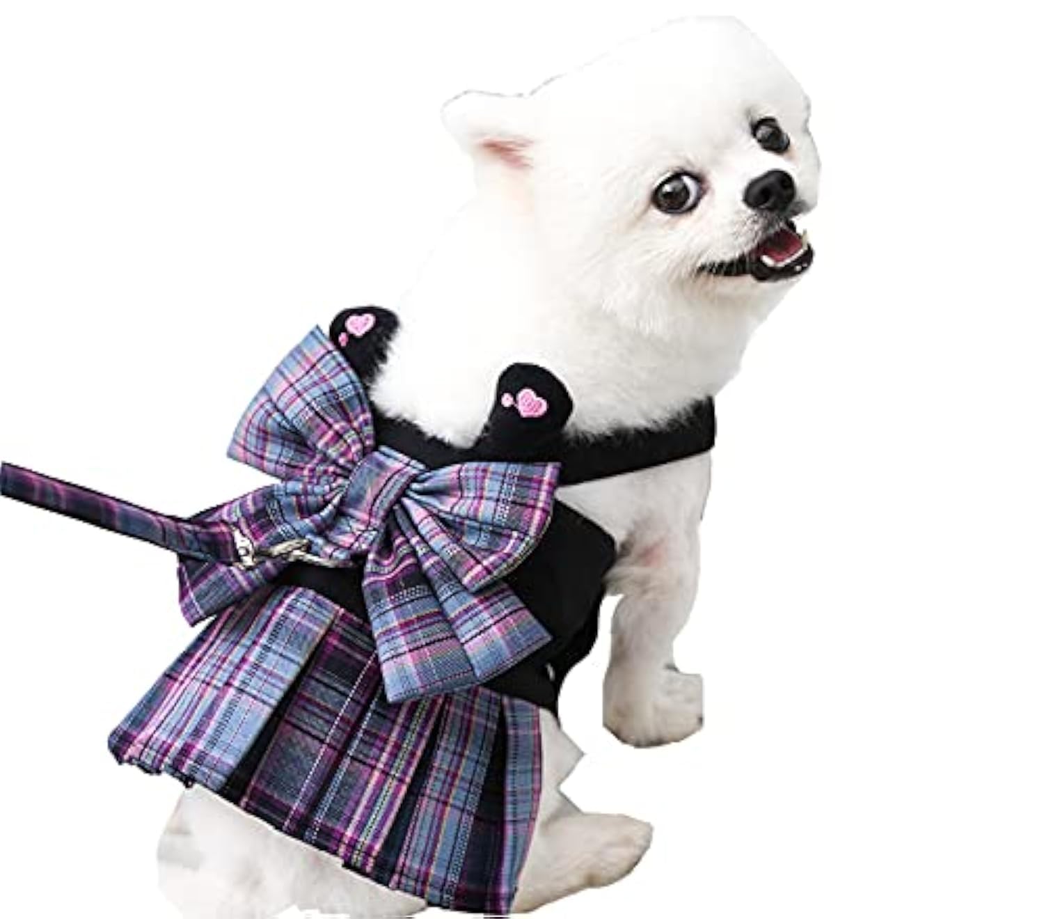 MeiAOBest Dog Harnesses with Leash Set,Soft Pet Plaid Princess Dresses Sweetie Bowknot Puppy Check Skirt with Pink Love Dress Harness for Small Medium Girl Dogs Cats (Purple, M)
