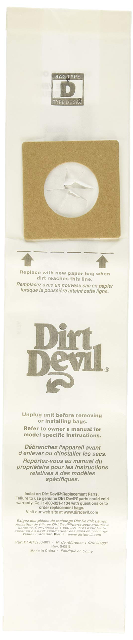 Dirt Devil Vacuum Cleaner Bags, Pack of 3, Type D, Part # 3670147001 for Upright Vacs | Genuine Refill