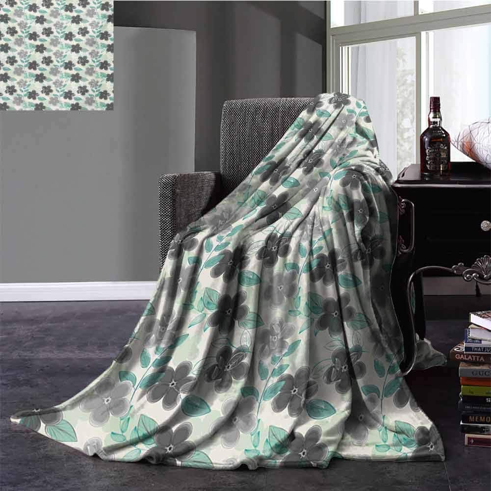 Fleece Throw Size Blanket,Floral Bed Blanket Abstract Nostalgia Pattern with Retro Blooms and Leaves Romantic Improving Sleep Mint Green Grey Charcoal Grey