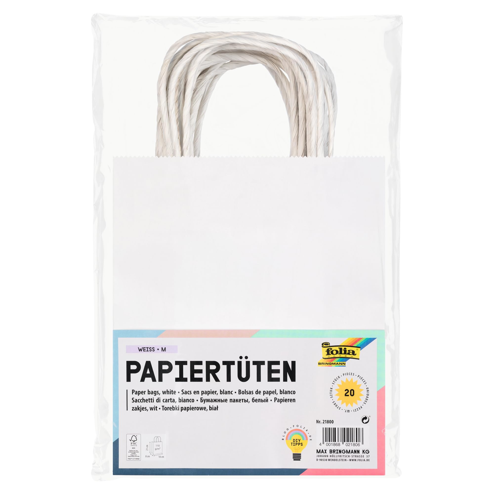 folia 21800 Kraft Paper Bags, Gift Bags, Pack of 20, 18 x 8 x 21 cm, White, for Crafts, Decorating and Gifting