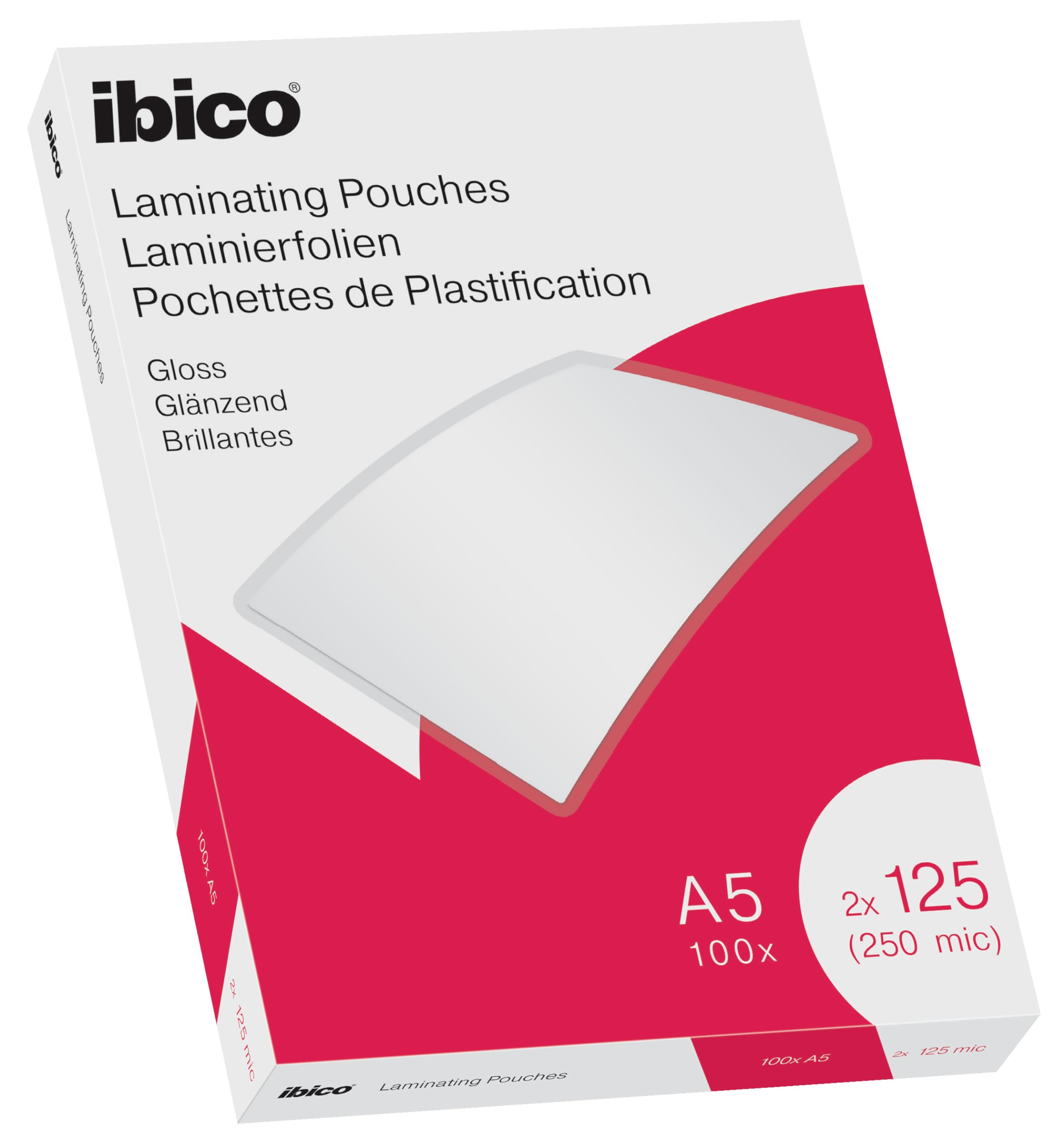 Ibico A5 Laminating Pouches, 250 Micron (2x125), High Document Protection & Durability, Pack of 100, Gloss Finish, Crystal Clear, 627315