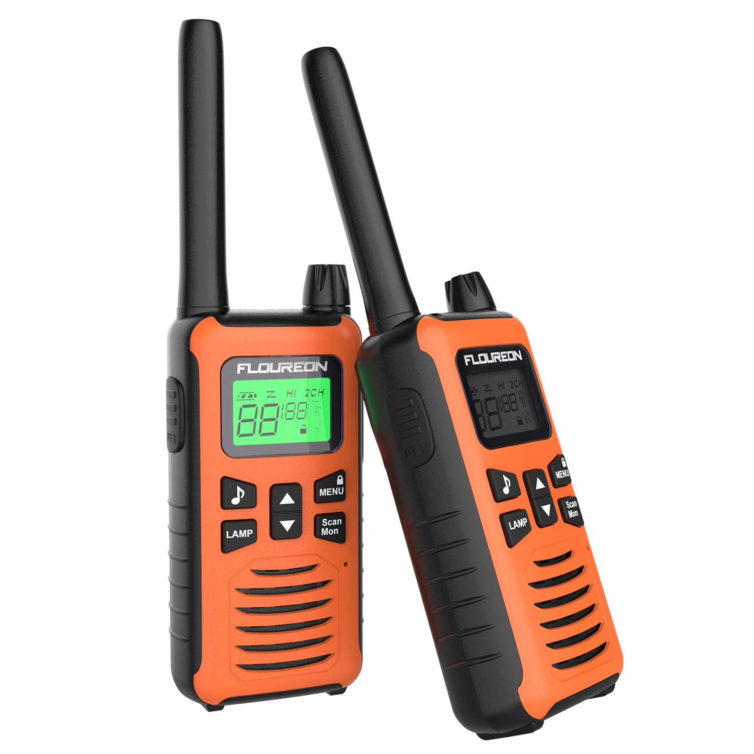 Walkie Talkies, FLOUREON 2 Pack 5KM Rango de 16 Canales, Radio de 2 vías con Pantalla LCD para Supermercado/Hogar/Actividad de Interior o al Aire Libre (Naranja)