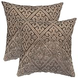 YOUR SMILE Flocking Trellis Geometric Square Decorative Throw Pillows Case Cushion Covers Shell Cotton Linen Blend 18 X 18 Inches , Pack of 2 (Brown)
