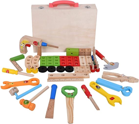 Amazon 大工さん工具セット おままごと 木のおもちゃ ごっこ遊び はじめての大工さん 木製ツールボックス 多機能 木製 大工道具 収納できる 木製ツールボックス トントン 大工さんセット お祝い クリスマス 誕生日プレゼント 大工さん 服 ファッション小物
