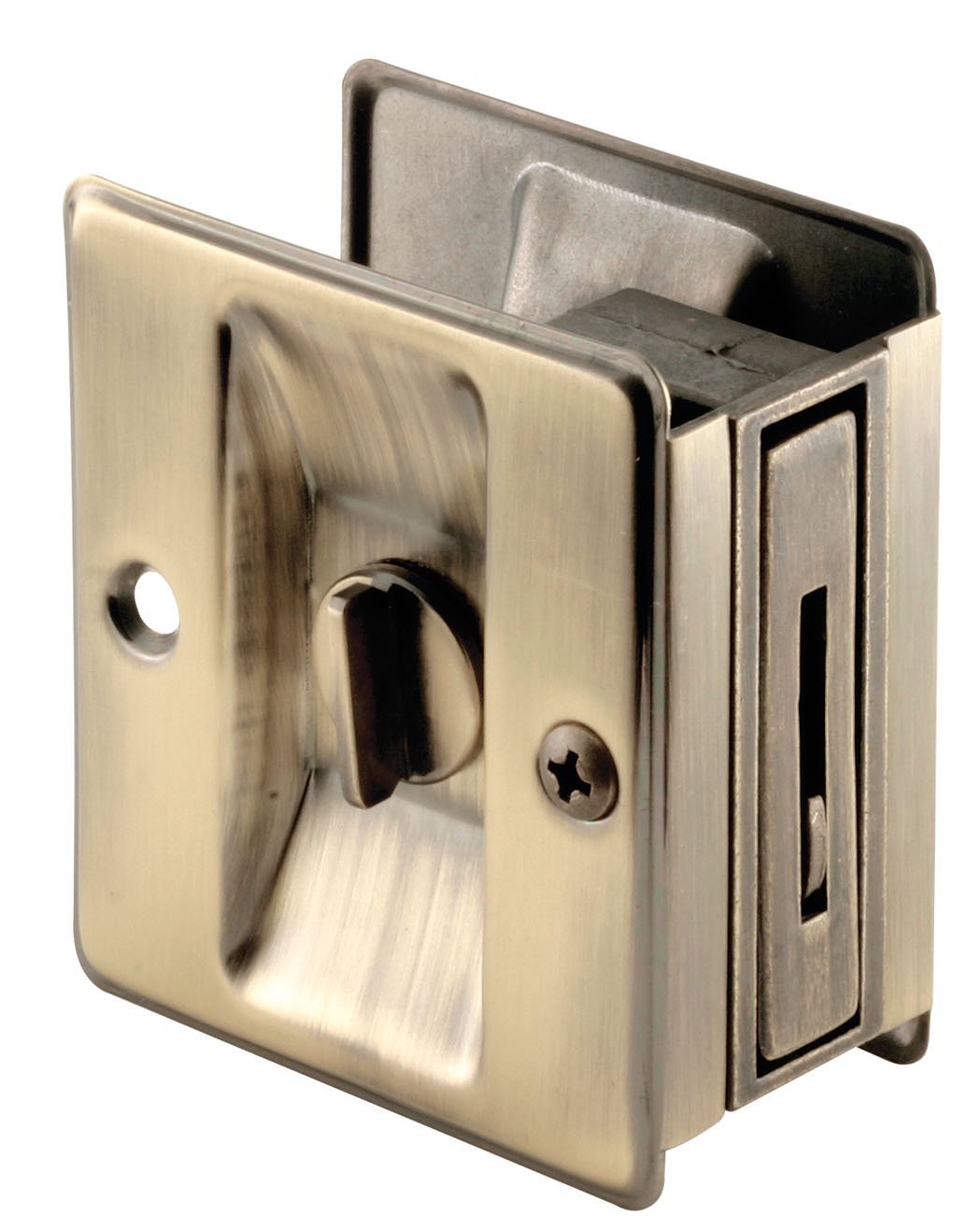 Photo 1 of Prime-Line N 6774 Pocket Door Privacy Lock with Pull - Replace Old or Damaged Pocket Door Locks Quickly and Easily – Antique Brass (Single Pack)