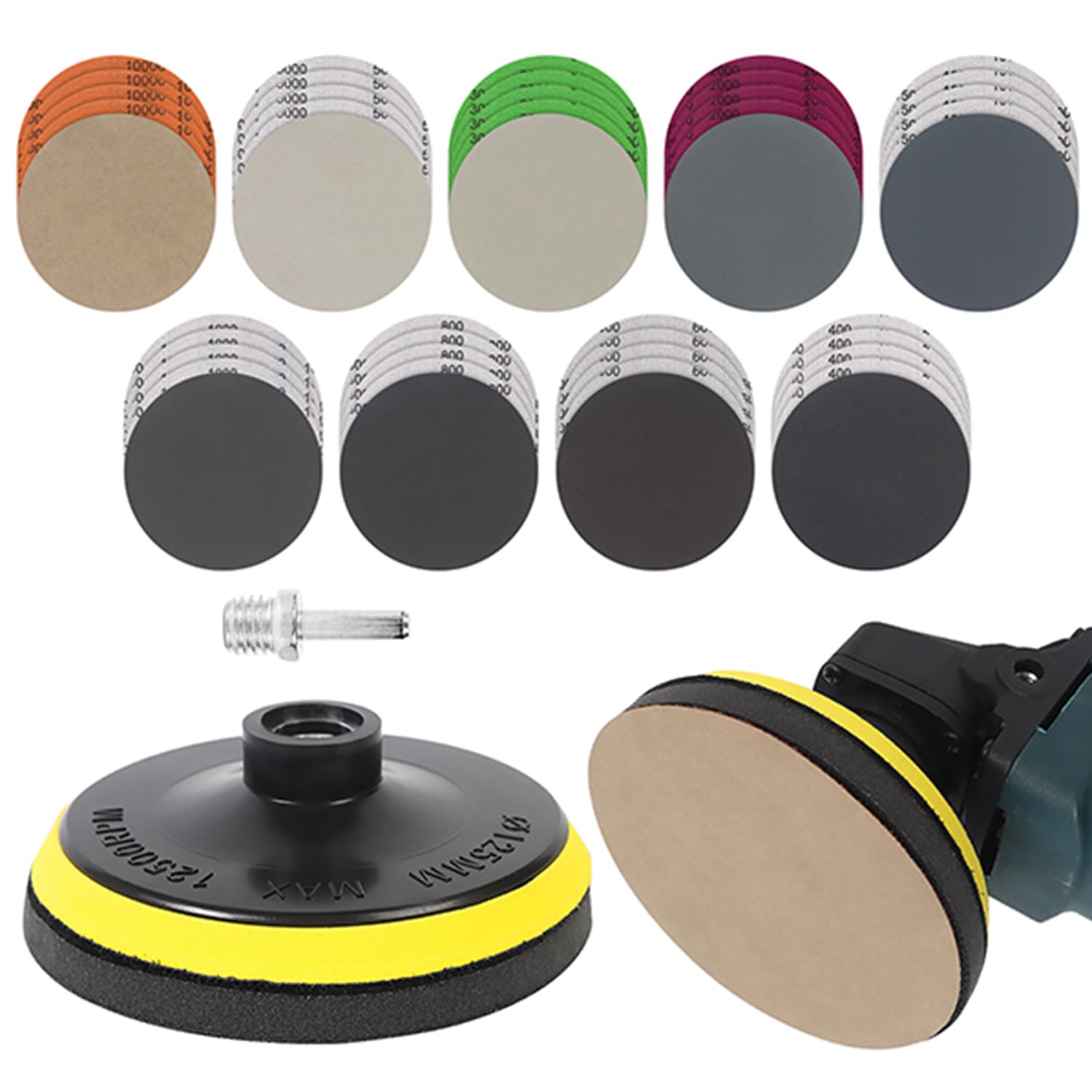 Pomsare 45PCS Wet Dry Sanding Discs 125mm with Backing Pad for Angle Grinder, Hook and Loop Sanding Pads Sandpaper Drill Sanding Attachment, 400 to 5000 Grits Sandpaper for Wood Metal Cars