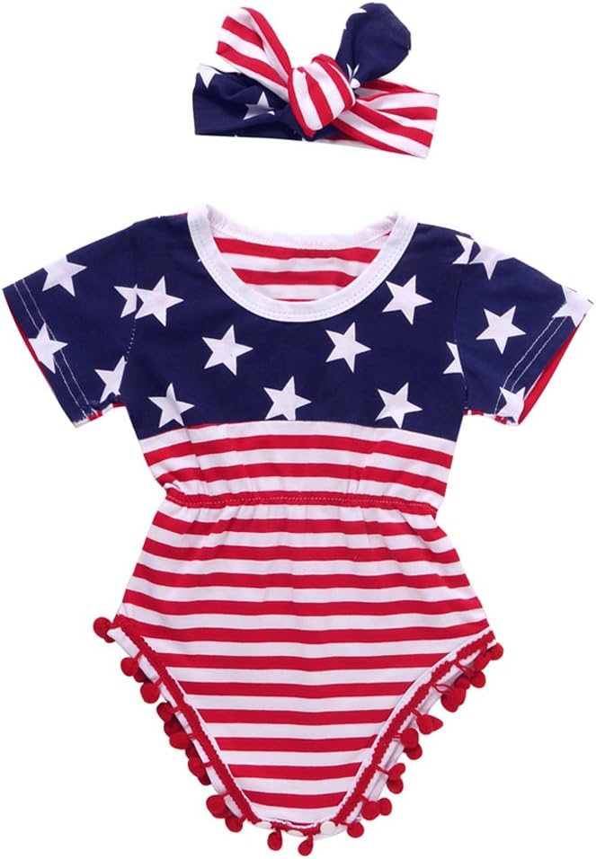2pcs Unisex Baby Boy Girl USA Flag Pattern Tassel Balls Summer Romper +Headband