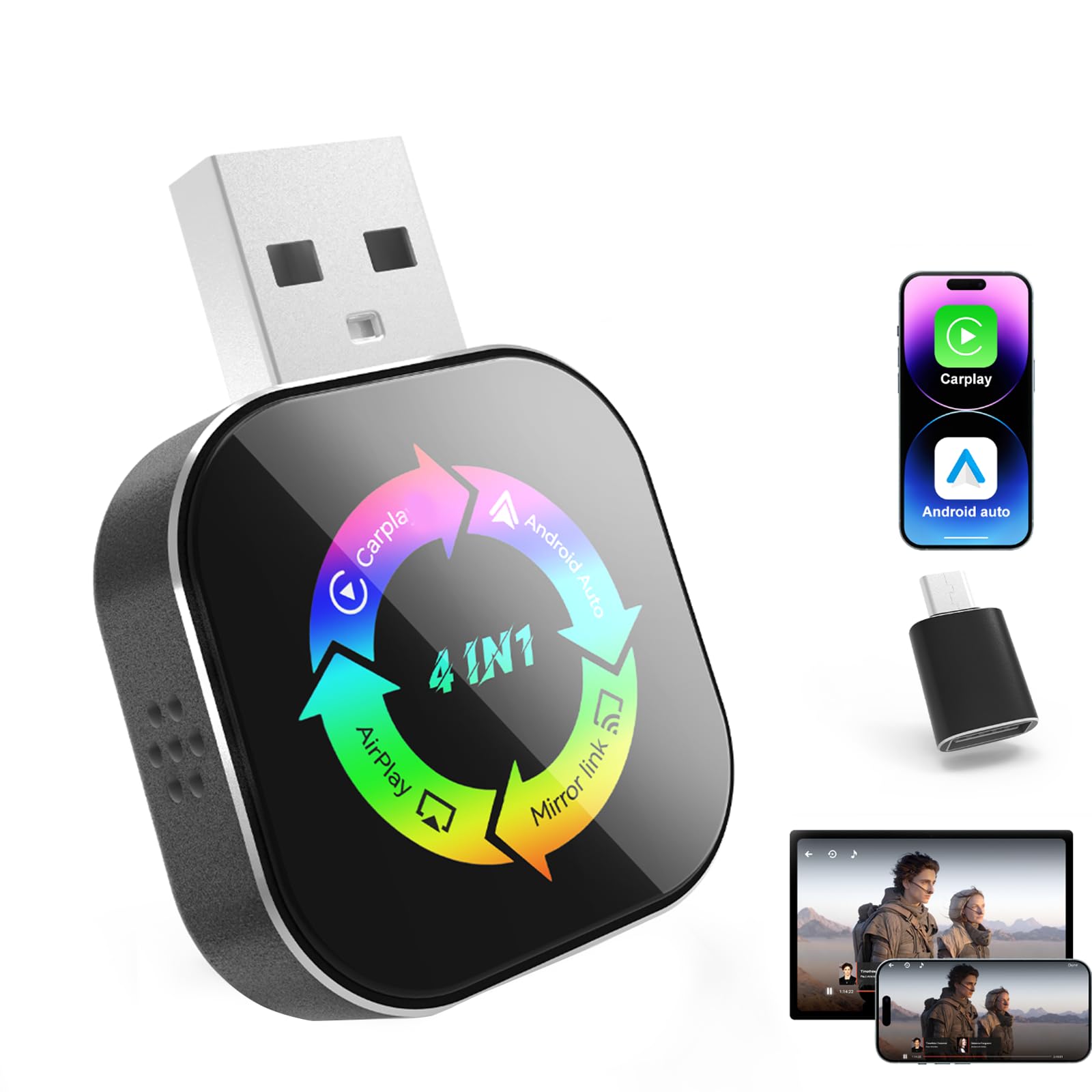 Photo 1 of 2026 Upgraded Wireless Carplay Adapter, 4 in 1 Screen Mirroring Support Mirror Link/AirPlay for Apple CarPlay & Android Auto, Mini USB/Type-C Plug & Play Car Play Adapter, Wired to Wireless No Latency