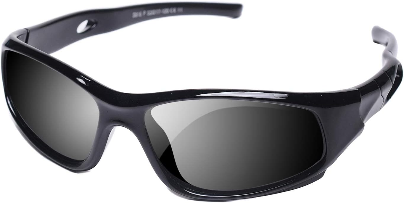 YAMAZI Children Sports Polarized Sunglasses For Kids Boys Girls Rubber Flexible Frame Sunglasses UV Protection (Bright Black, Grey)