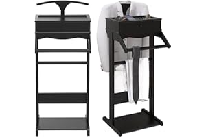 HRVEOCEI Wood Mens Valet Stand,Freestanding Suit Stand&Clothes Butler Valet Stand with Hanger,Tie&Belt Hooks,Shoe Rack,Storage Organizer for Keys,Watches,Wallet,Jewelry in Entrance,Bedroom (Style2, Black)