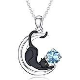 LONAGO Black Cat Birthstone Necklace Cat on Moon Pendant Necklace Jewelry Gift for Women