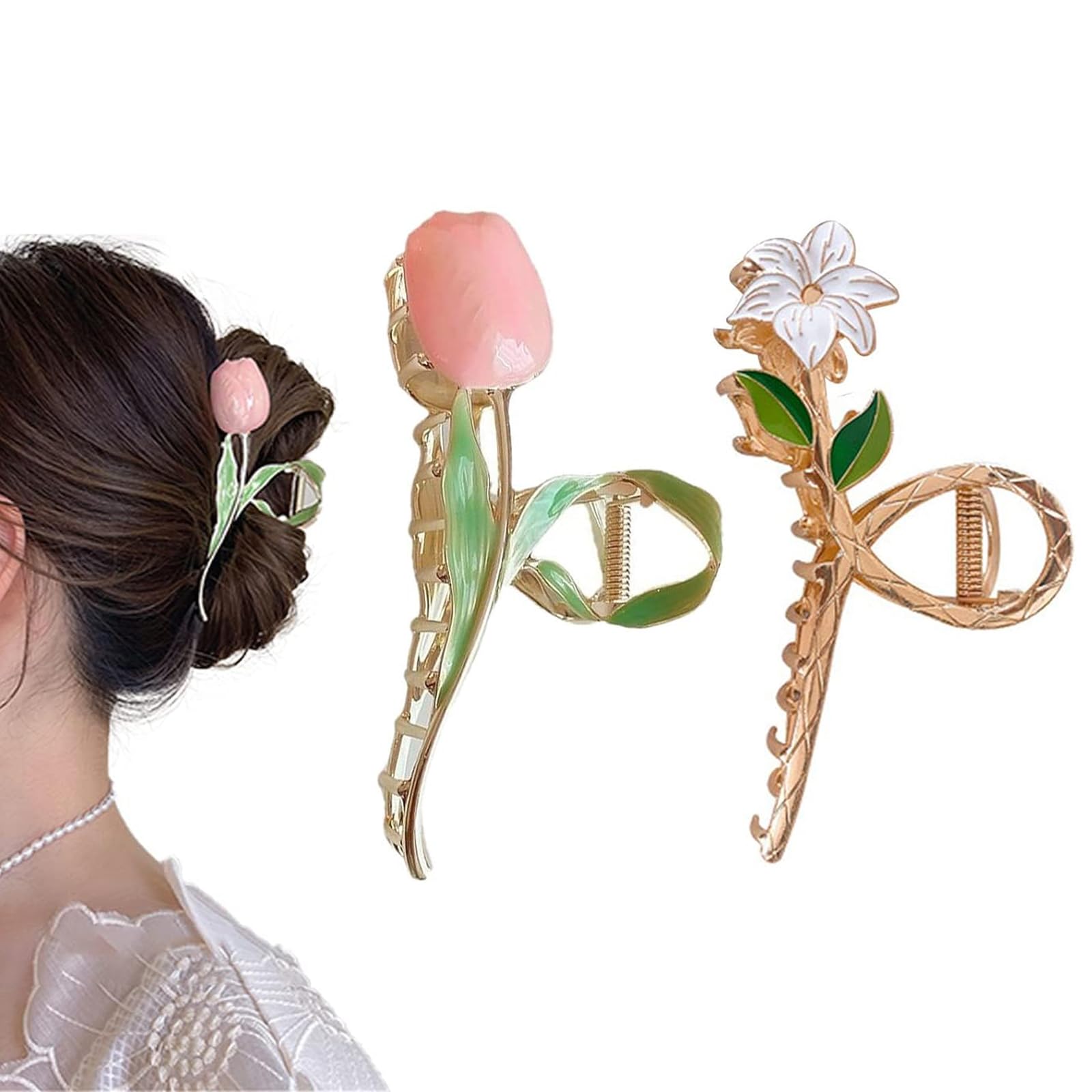 2Pcs Beautiful Tulip Claw Clip Elegant Large Metal Hair Clip Non-slip Strong Hold Hair Claw Clips Flower Hair Claw Clips for Women Girls Hair Accessories