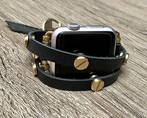 Black Leather Bracelet For Apple Watch Series 1 2 & 3 Handmade Multi Wrap Accessory Apple Watch Band With Gold Metal Jewelry Rivets & Connectors Unique Fashion Strap Wristband