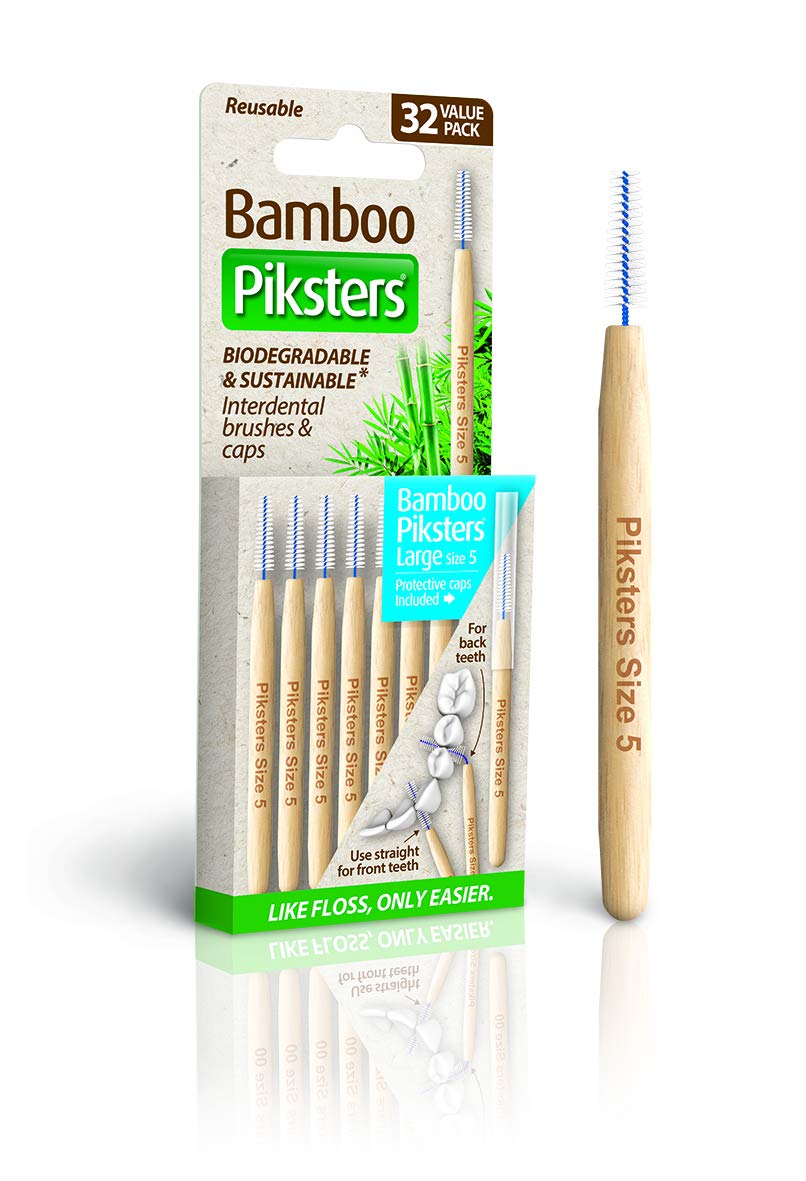 Bamboo Piksters Interdental Brushes | Sizes 00 - 6 | Straight Handle | 32 Pack (32 Pack, Size 5 (Blue))