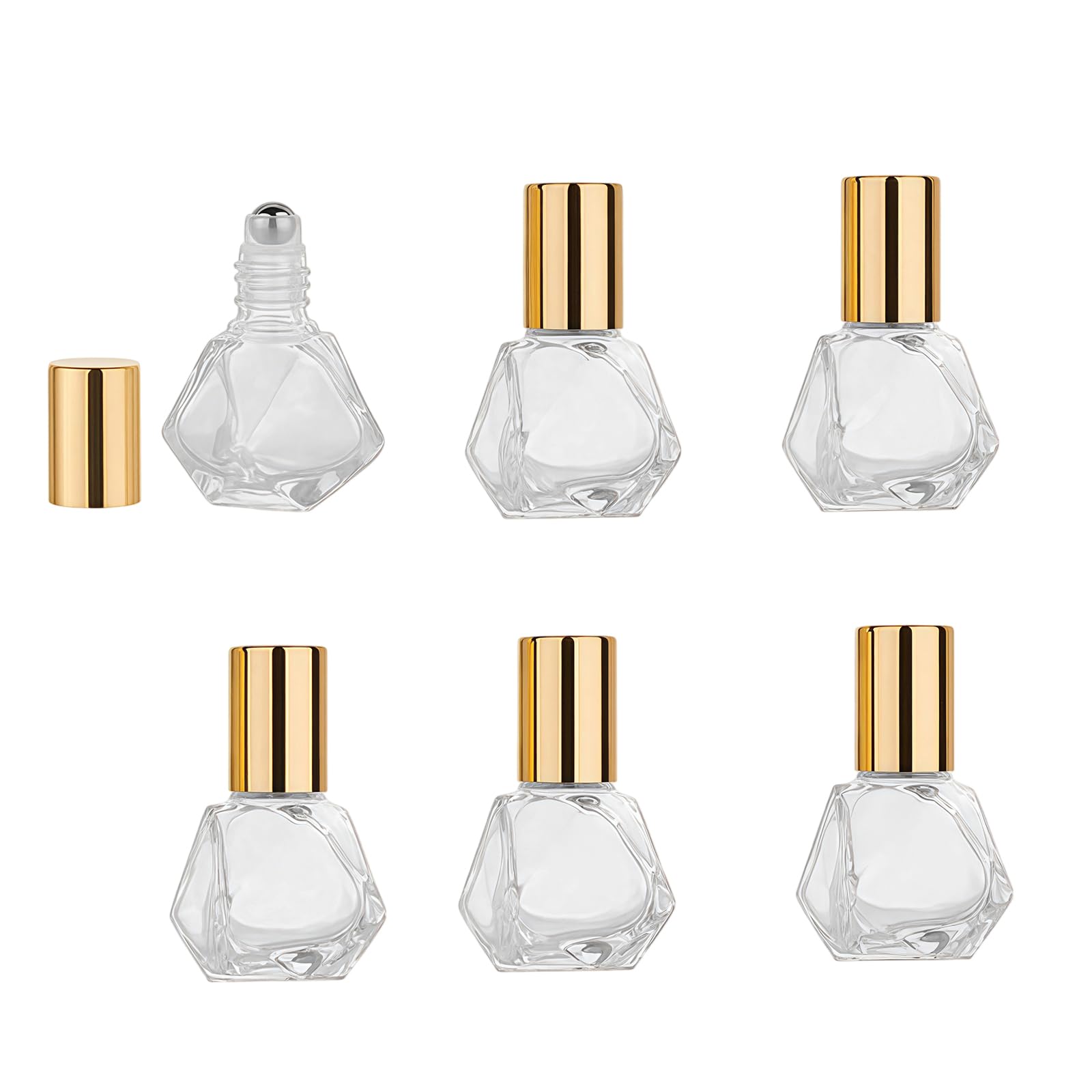 6Pcs 8ml/0.27oz Shaped Glass Clear Roller Bottles DIY Empty Essential Oil Roll-On Bottle With Steel Roller Ball Polygonal Cosmetic Containers Vials for Essential Oils Perfumes Aromatherapy (Gold Cap)