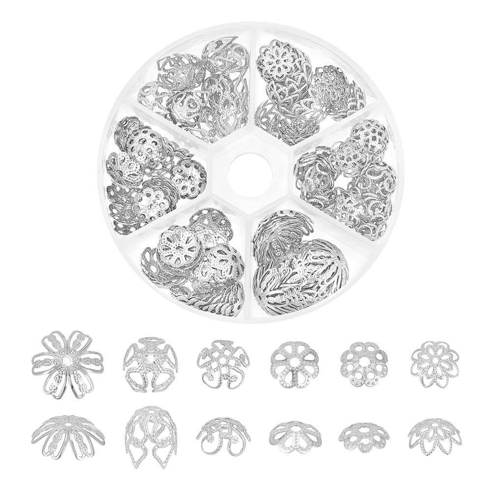 UNICRAFTALE 162pcs 6 Styles Flower Bead Caps, Surgical Steel Spacer End Caps, Bead Cap Spacers for Bracelet Necklace Jewelry Making Stainless Steel Color,9-10mm