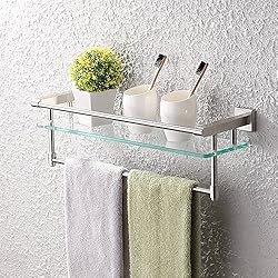 See KES Glass Shelf, Bathroom Shelf Towel Rack (Single Bar and Rail Stainless Steel) Wall Mount, Brushed Finish, A2225-2 Details