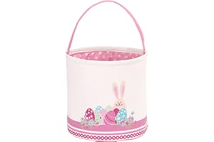 LessMo Easter Bunny Basket Egg Buckets, Pink Cute Personalized Canvas Cotton Tote Bags Egg Hunt Basket for Party Gifts