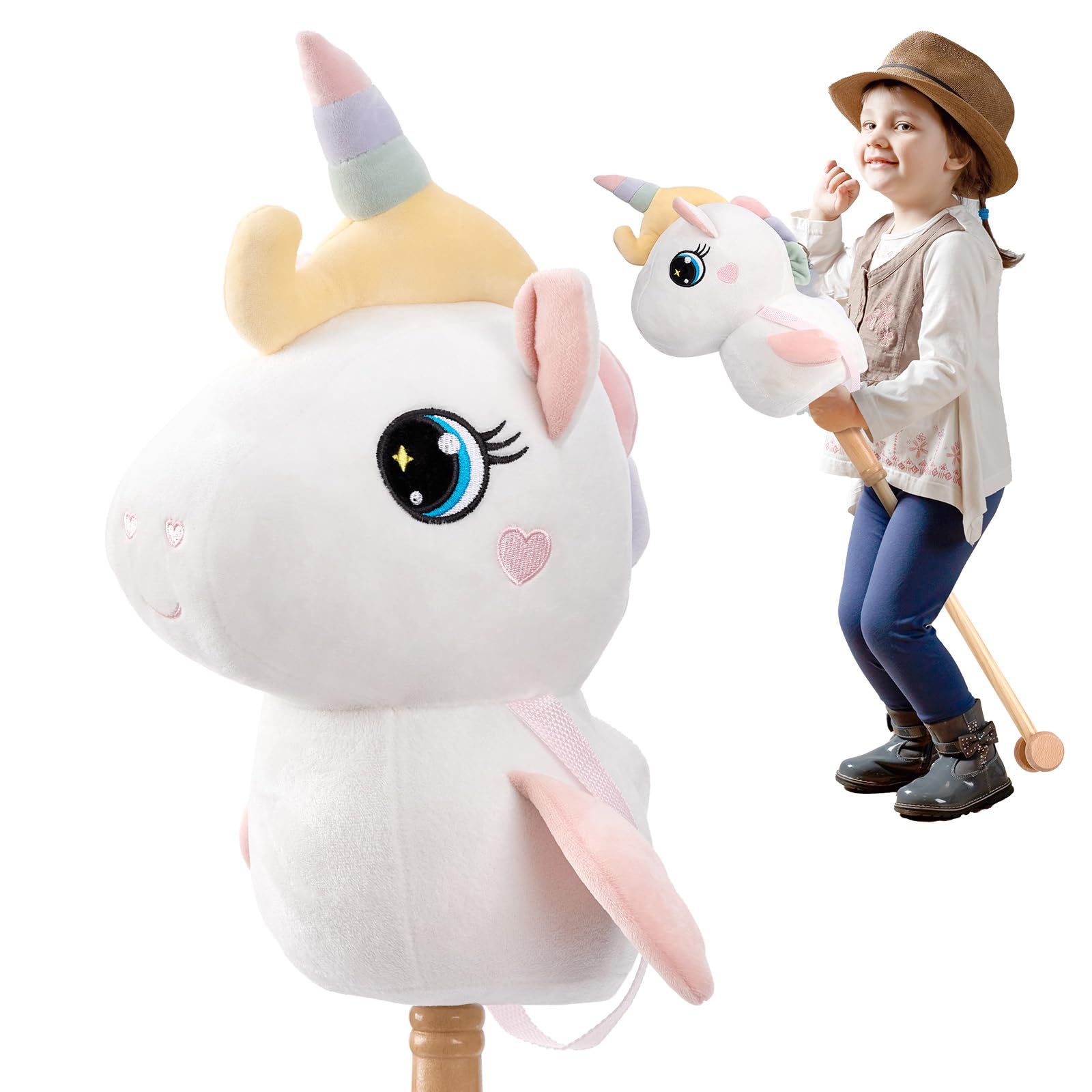 FUNLIO Unicorn Stick Horse for Kids 3+, Rainbow Fairy Hobby Horse with Soft Plush & Wood Wheels, Neighing and Galloping Sound for Pretend Play & Creativity, Horse Toys Gift, CPC & CE Certified - White