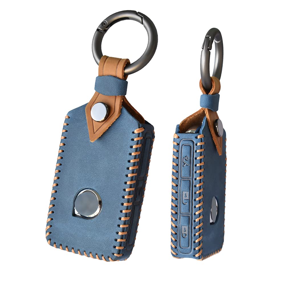 HIBEYO Smart Car Key Case Fits Volvo Protective Remote Key Case Cover for XC90, XC70, S60, S80, S90, C30, V70, V90 Cowhide Key Box Key Fob Car Accessories B Blue