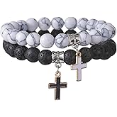 FORUBUS Lava Rock Beaded Bracelet Set with Cross Charm Matching Couple Bracelets Natural Stone Cross Jewelry