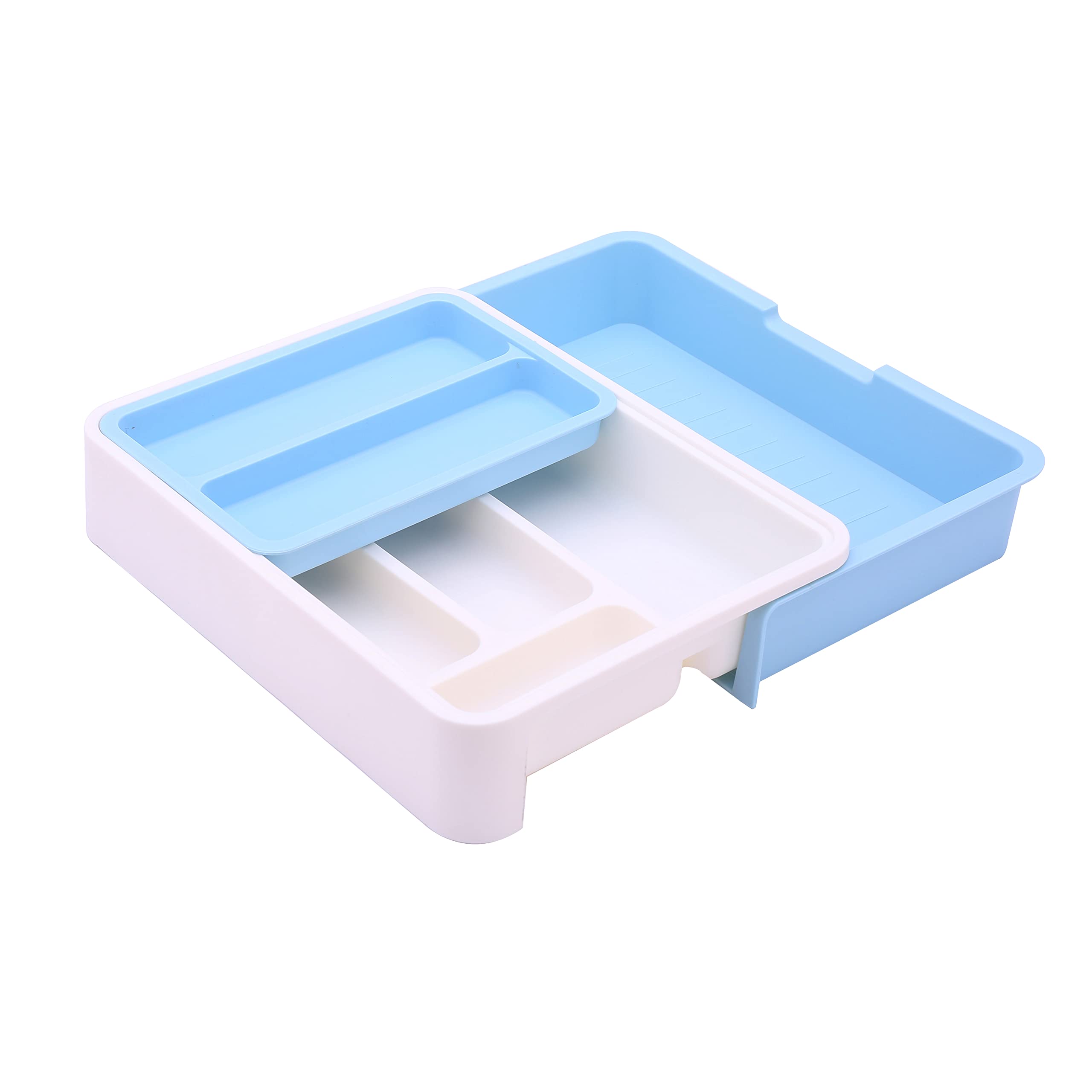 HornTide 3-in-1 Cutlery Tray, Expandable Utensils Holder, Plastic Kitchen Drawer Organizer for Silverware Storage and More - Blue