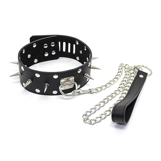 Hanyi Punk SM Halsband mit Leine Ketten Einstellbar Fetisch Leder Halsbänder Sexspielzeug, Schwarz