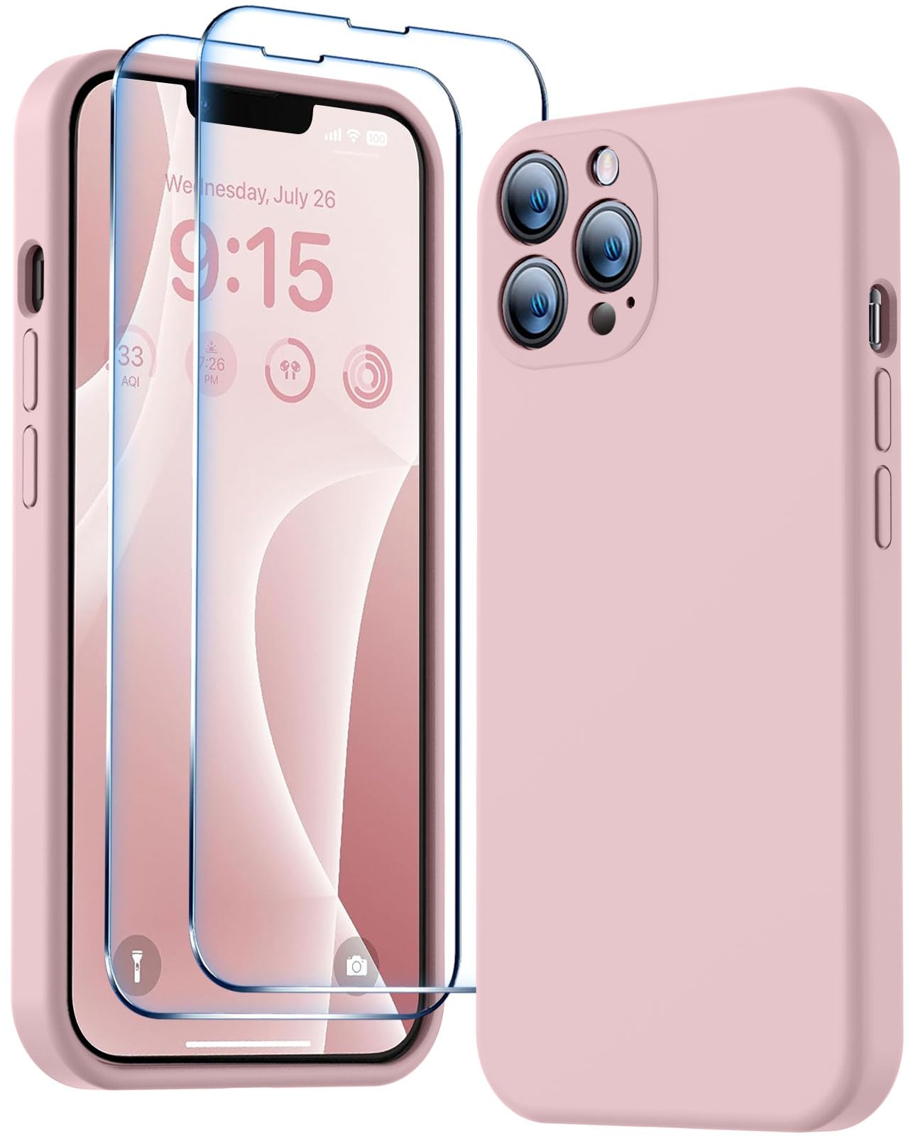 Photo 1 of BossKiss Compatible with iPhone 13 Pro Max Case, Premium Liquid Silicone Case [Velvety Touch] [2 Pcs 9H Tempered Glass Screen Protector], Camera All-Round Protection Shockproof Kit Case, Sand Pink