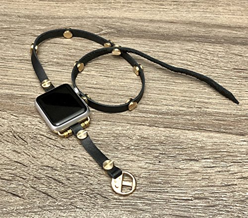 Black Leather Bracelet For Apple Watch Series 1 2 & 3 Handmade Multi Wrap Accessory Apple Watch Band With Gold Metal Jewelry Rivets & Connectors Unique Fashion Strap Wristband