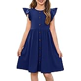 Haloumoning Girls Dress Kids Flutter Sleeve A-Line Button Down Sundress Casual Midi Dresses 5-14 Years