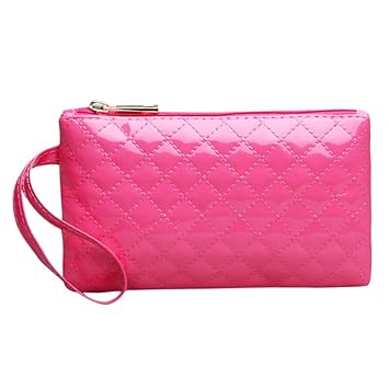 MKchung Women Zipper Coin Phone Purse Plaid Leather Long Clutch Wristlet/Rose Red