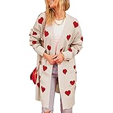 Yimoon Women Valentines Cardigan Sweater Love Heart Open Front Long Cardigan Oversized Chunky Knit Sweaters