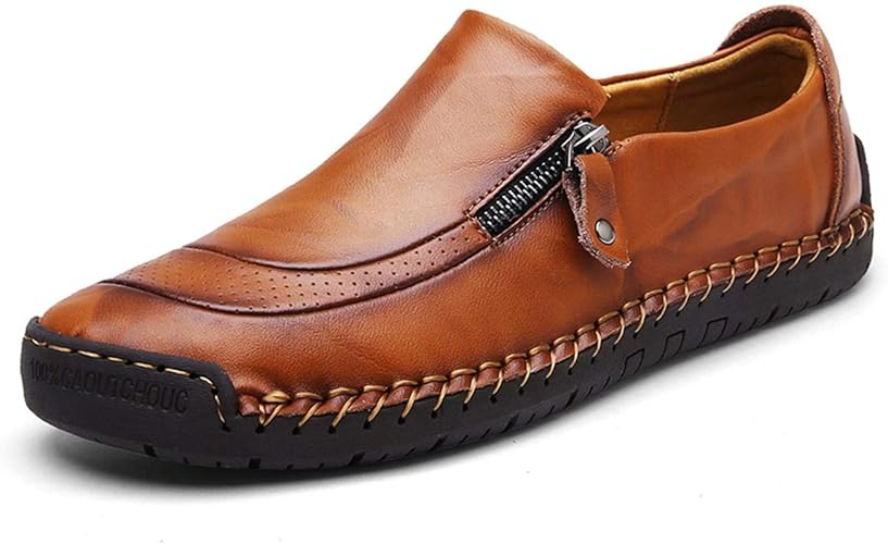 Qiucdzi Mens Leather Comfortable Shoes Hand Stitching Zipper NonSlip