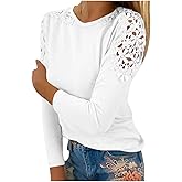 Loose Fit Tee Shirts for Women Summer Fall Long Sleeve Boat Neck Lace Cutout Eyelet Tops Shirts Women 2026