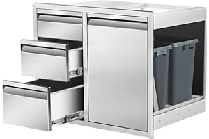 SGOLAN Outdoor Kitchen Door Drawer Combo Cabinet 28" W x 22" H x 19.5" D Stainless Steel Built-in Triple Drawers&Right Trash Drawer Combo Cabinet for Outdoor Kitchen Island, Patio Grill Station