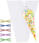 Frendour 100 Pcs Sweet Cone Bags 30x16cm with 100 Colorful Ties view 1