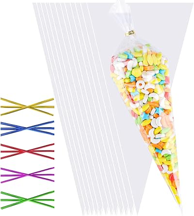 Frendour 100 Pcs Sweet Cone Bags 30x16cm with 100 Colorful Ties