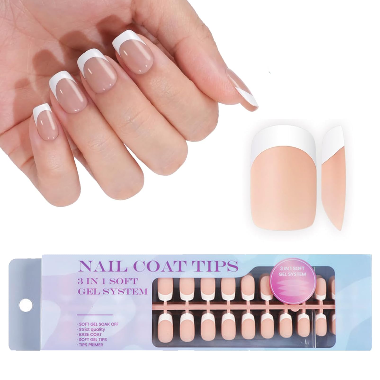 DMQ French Tip False Nails, 300Pcs French Press On Nails Short, Nude Square X-coat Fake Nails, Full Cover Stick On Nail for Women White Tip Nail Art - 15 Sizes (Nude Square)