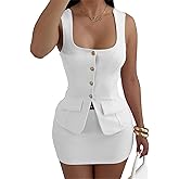 Lingt Chic Women's Summer 2 Piece Outfit Sleeveless Blazer Vest Mini Skirt Set Elegant Button-Up Suit Matching Workwear