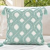LOOPUINHOM Boho Pillow Covers 18X18 Inch Boho Tufted Throw Pillow Covers Decorative Tassels Cushion Cover Farmhouse Pillow Case for Couch Sofa Bed Living Room Bedroom, Aqua Green