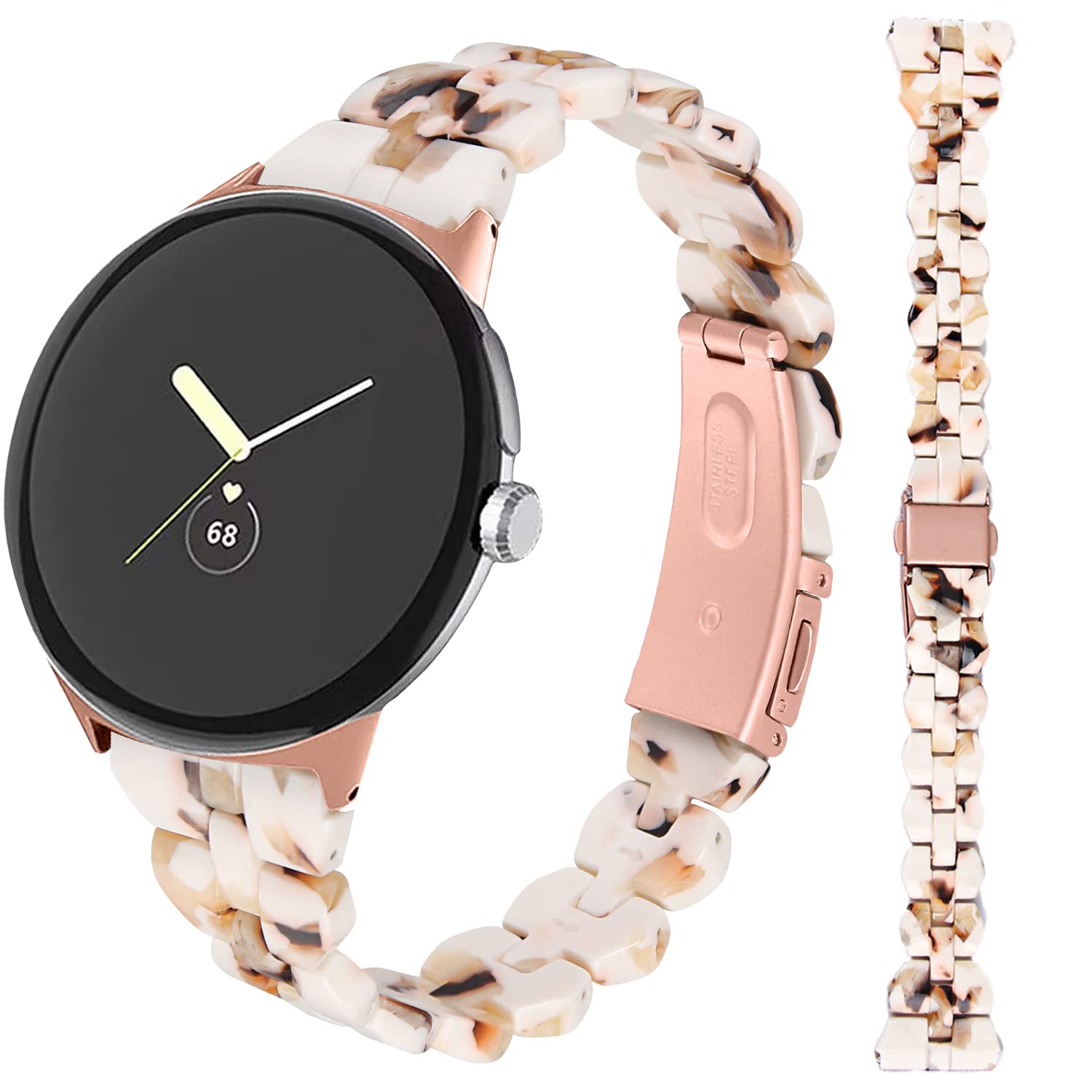 Miimall Resin Band for Google Pixel Watch 4/3 41mm /Pixel Watch 2/1 Slim Strap, Waterproof Lightweight Bracelet with Stainless Steel Buckle for Women Ladies Girls-Rose Gold/Nougat White