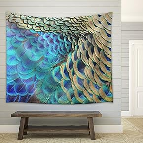 Beautiful Green Peacock Feathers, Texture Abstract Background - Fabric Wall Tapestry Home Decor - 51x60 inches
