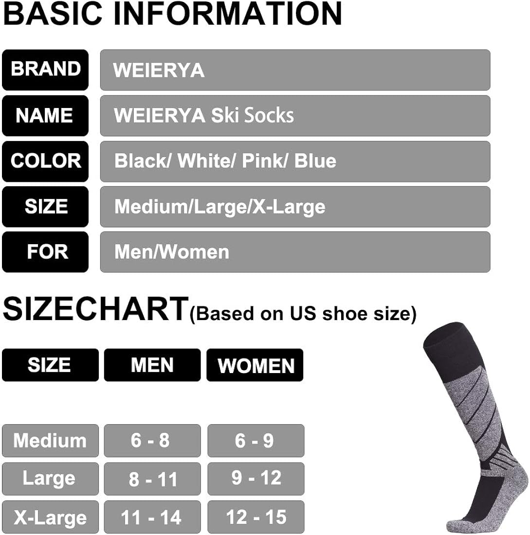 WEIERYA Ski Socks Warm Cotton Sports Outdoor Socks for Winter Skiing Snowboarding Skating Hiking, 2 Pairs: Clothing