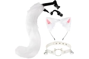 Gorbgle Cat Fox Wolf Ears, 3Pcs Furry Fox Ears and Tail, Collar Costume Set for Women, Fur Animals Ears Headband, White
