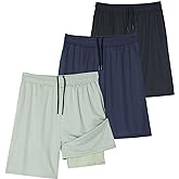 Real Essentials 3 Pack: Men's 2 in 1 Mesh 7" Running Workout Gym Shorts with Compression Liner (Available in Big & Tall)