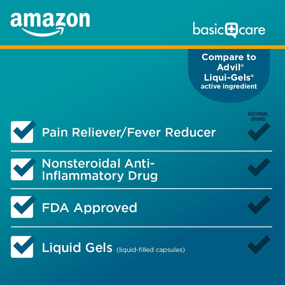 Amazon Basic Care Ibuprofen Liquid Gels 200 mg, Pain Reliever/Fever Reducer Liquid Filled Capsules, For Headache, Toothache, Backache, Menstrual Cramps and More, 160 Count
