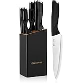 Diamosteel Black Knife Set with Wooden Block, 7 Pieces Sharp Knife Block Set with Stainless Steel Blade Ergonomic Handle, Dishwasher Safe Knives Set
