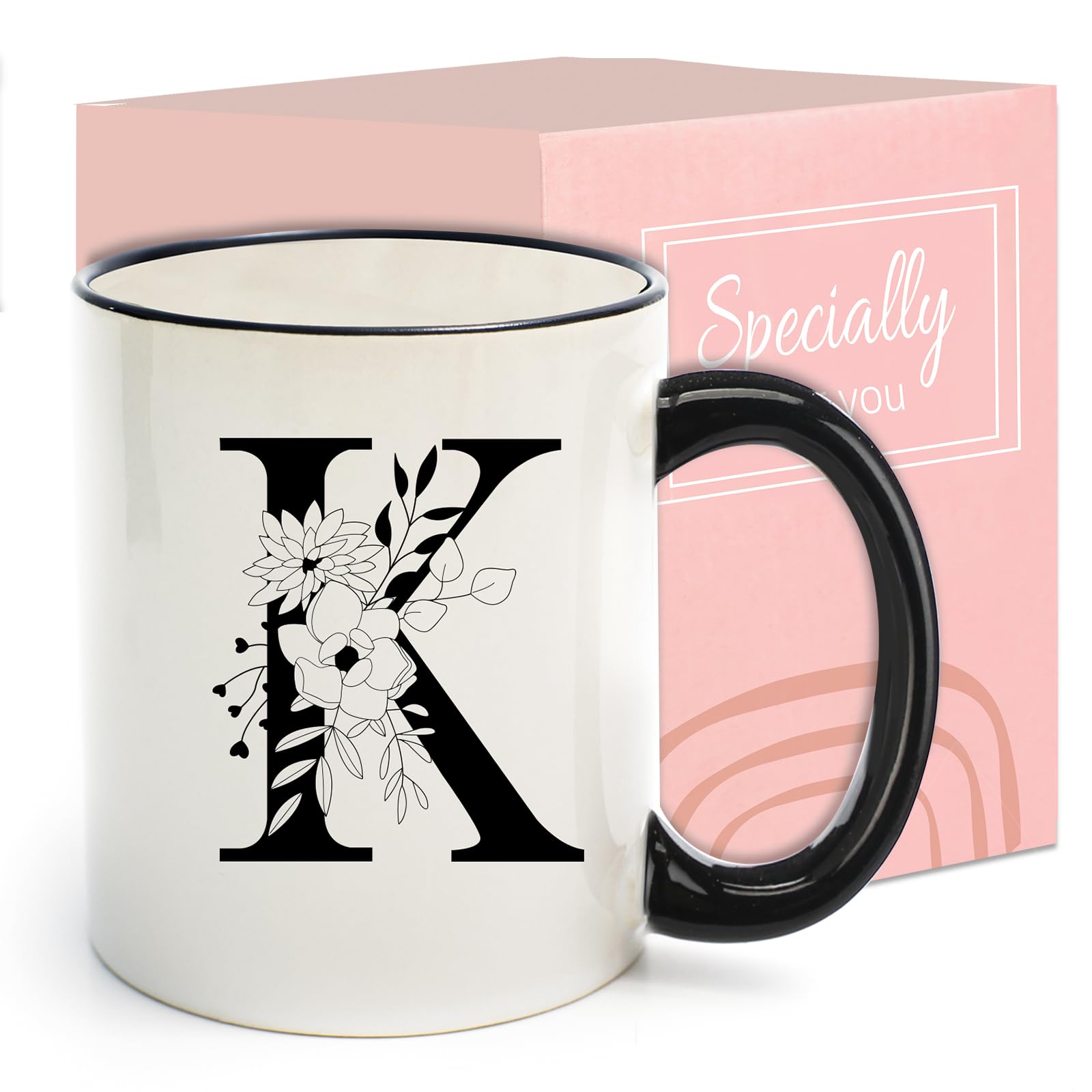 Photo 1 of Monogram Ceramic Coffee Mugs, 11 oz Initial Drinking Cup with Gift Box, Unique Birthday Christmas Gifts for Women Wife Mothers Day Grandma Mom Aunt, K