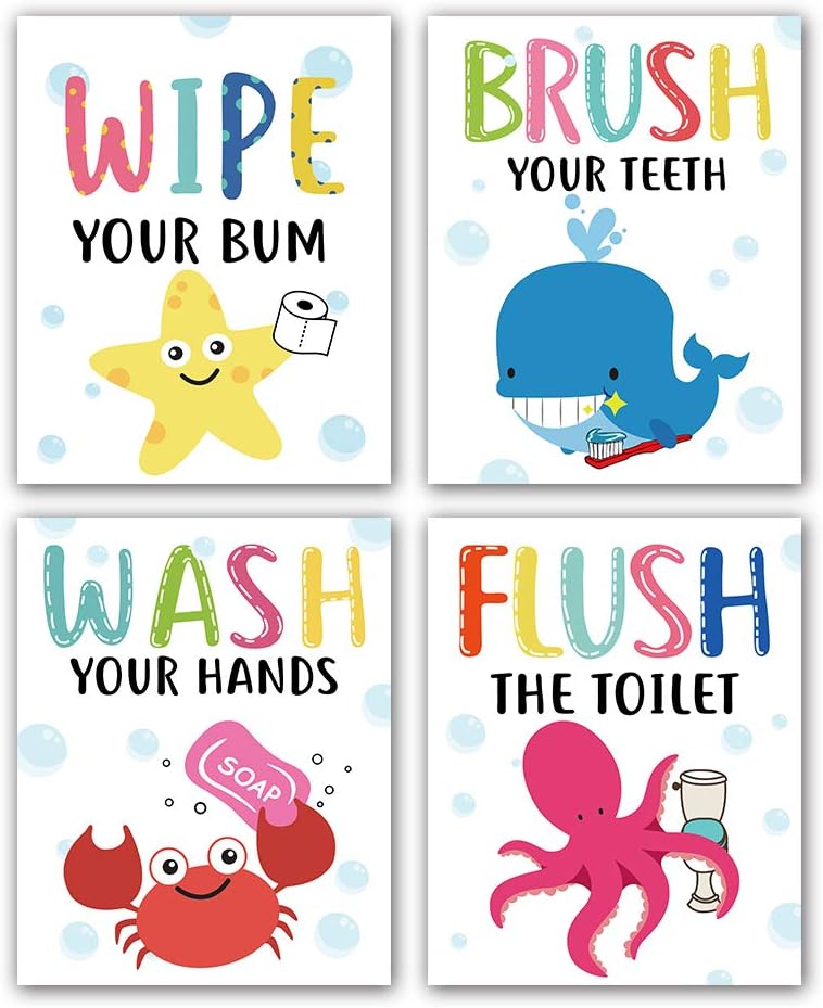 Cartoon Sea Life Themed Bathroom Inspirational Quotes Art Print Humorous Quotes Painting, Toilet Rules Art Picture for Children Washroom Bathroom Decor, Set of 4 (8”X10”), No Frame, Colorful