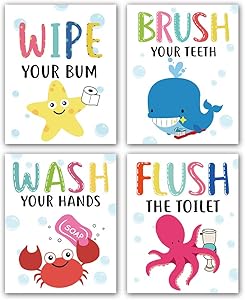 Cartoon Sea Life Themed Bathroom Inspirational Quotes Art Print Humorous Quotes Painting, Toilet Rules Art Picture for Children Washroom Bathroom Decor, Set of 4 (8”X10”), No Frame, Colorful